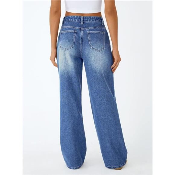 Women Wide Straight Leg High Waisted Jeans Blue - Picture 4 of 5